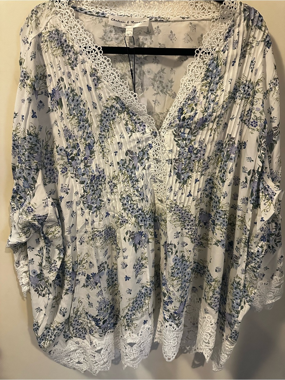 Chelsea & Theodore 3X NWT Blue Floral Lace Peasant Blouse Boho Pintuck